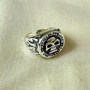 Vintage Harley biker flame skull silver chrome ring